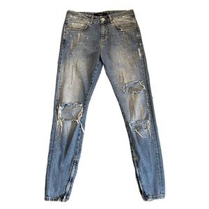 Represent Distressed Paint Splash Selvedge Tapered Side Zipper Blue Jeans 29